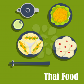 Thai cuisine flat icons of tasty asian lunch with spicy carrot salad and garlic sauce, pies with vegetables, puddings with coconut toppings, teapot with cup of green tea and chopsticks on rest