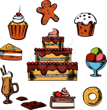 Sweet desserts with three tiered cake decorated with cream, berries, cupcakes, ice cream, donut, slices of honey cake and cheesecake, gingerbread man and hot chocolate