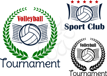 Volleyball club and tournament emblems with volleyball balls, net and green laurel wreath