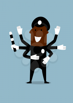 Cheerful african american policeman in black uniform with many hands holding in one of them a traffic rod. Cartoon flat style