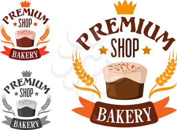 Premium bakery shop symbol or emblem of cake with royal icing and sprinkles encircled by headers with stars, crown, wheat ears and ribbon banner