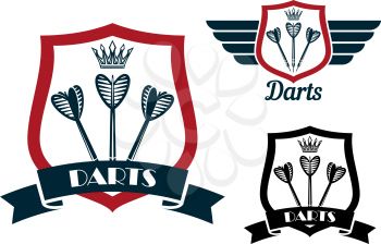 Darts heraldic emblems with crowned arrows on medieval shields, also with ribbon banner and wings