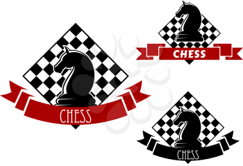 Chess club emblems with lack horse and chessboard on the background, framed by ribbon banners