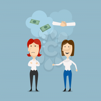 Businesswomen discuss details of partnership or contract with thought bubbles above them showing money and handshake. For business cooperation theme design. Cartoon flat style