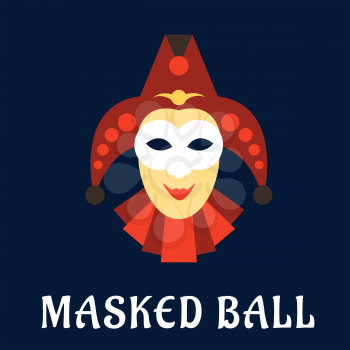 Carnival mask of jester or joker in flat style with red collar and hat, decorated by bells on blue background with caption Masked Ball below