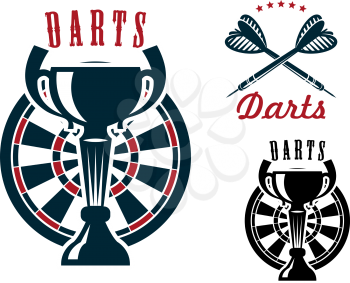 Darts game symbols with trophy cup on dartboard and crossed arrows adorned by stars