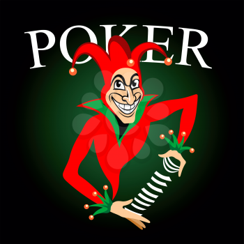 Poker game emblem with cartoon joker in colorful costume and hat with bells. Joker holds deck of playing cards in hands on dark green background with caption Poker 