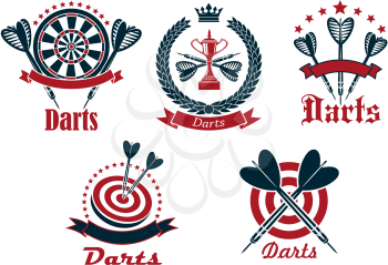Dart game tournament icons and symbols with arrows, dartboard, banners and other decorations