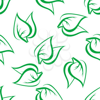 Spring seamless pattern with fragile green leaves randomly scattered on white background. For wallpaper or fabric design