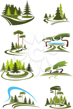 Summer park, garden and forest landscape icons with green trees, decorative lawns, scenic lake, shady alleys and grassy glades. For nature theme design