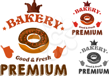 Pastry and bakery shop emblem with glazed doughnut and sprinkles, encircled by text Premium, Good and Fresh, chocolate crown, stars and oven gloves