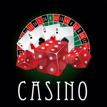 Casino symbol with four aces cards and red dice with roulette wheel sectors on the background, for leisure activity or gaming industry design