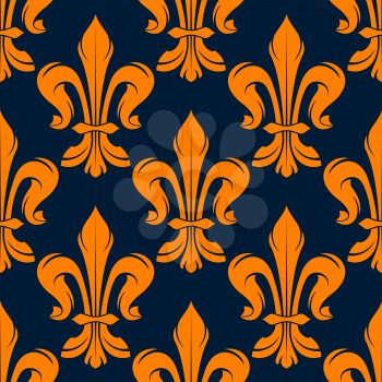 Seamless victorian floral pattern with medieval orange fleur de lis flowers on dark blue background