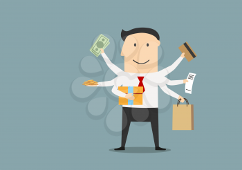 Happy businessman with many hands carrying money bills, bank credit card, golden coins, paper shopping bag, receipt and gift box after shopping. Cartoon flat style