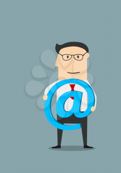Confident businessman standing with e-mail symbol in hands, for communication or technology concept design. Cartoon flat style
