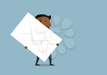 Cartoon african american businessman carrying a large letter envelope. Business correspondence and delivery concept design