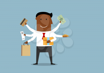 Multitasking businessman and shopping concept design. Cartoon manager with many hands holding shopping bag, gift box, bank credit card, dollar bills, coins and cash register receipt