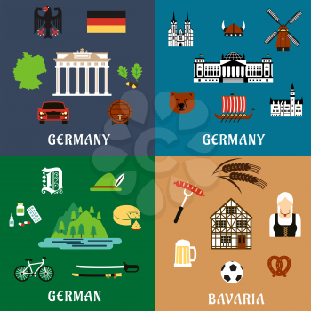 Germany travel and culture flat icons with national architecture  and landmarks, food and drinks, nature and industry, flag and map, culture and history elements