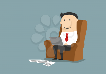 Pleased smiling cartoon businessman sitting in armchair and working on laptop computer from home office.  Home office or wireless technology concept usage