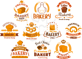Bakery shop icons and signboards with toast and long loaf bread, sweet buns, cake and bagels, flour bag, baker hat and apron. Decorated by wheat ears, ribbon banners and crowns, cereal elements and st