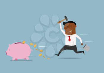 African american businessman with hammer chasing a piggy bank, trying to smash it and return his money. Financial crisis, ROI, return on investment business concept. Vector