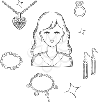 Jewelry and fashion sketch design with pretty brunette woman surrounded  with gemstones, precious accessories, chain with heart pendant, diamond ring, long earrings, bracelets and shining stars. 