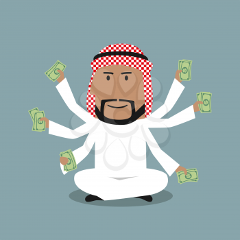 Wealthy cartoon arabian businessman with many hands sitting in lotus pose and holding dollar bills in each hand. Richness, success, wealth and multitasking concept design 