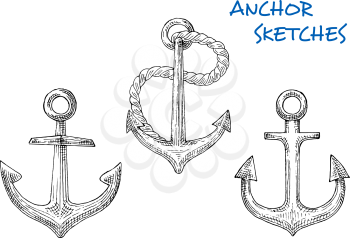 Nautical anchors in sketch style of famous fisherman anchors with short central shanks, rings, rope, curved arms with pointed flukes. Great for heraldic marine emblem, travel or vacation design