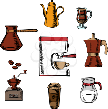Coffee drinks icons with grinder, pot, sugar, beans, cups and coffee maker around coffee machine. Colorful vector illustration
