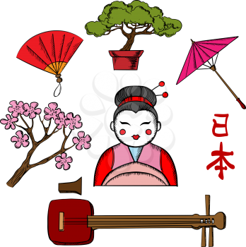 Japanese travel and culture concept with sakura blossom, fan, bonsai, umbrella and calligraphy around a Geisha woman