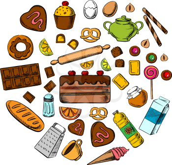 Pastry, dessert and confectionery icons with various bread, cakes, cupcakes, baking ingredients and kitchen utensil