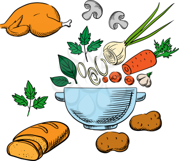 Cooking process with vegetables and ingredients as roast chicken, bread on plates, fresh carrot, onion and mushroom being sliced into a dish
