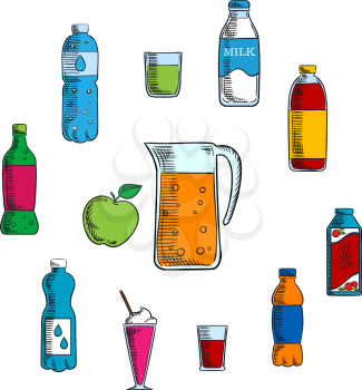 Non alcoholic beverages and drinks with pitcher and fresh apple encircled by water, milk, juice and soda bottles, lemonade and cocktails