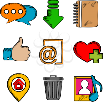 Multimedia web icons set with chat, download, notebook, like, e-mail, home, favorite, media and bin symbols