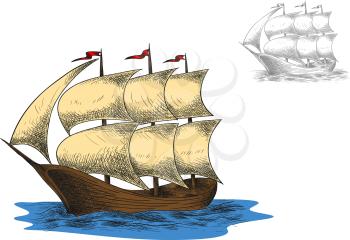Sailing vacation or nautical history sketch with antique three masted barque sailing ship among blue sea