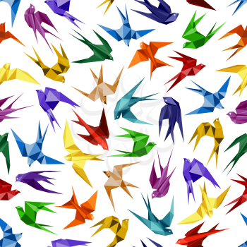Colorful origami paper swallow birds seamless pattern on white background