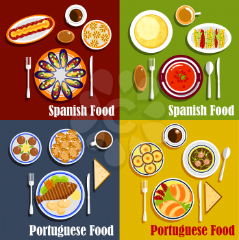 Mediterranean cuisine flat icon with spanish gazpacho, mussels with vegetables, tortilla egg omelette and portuguese cod fish, empanadas, green broth soup, egg tarts and strong coffee