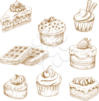 Cupcakes and muffin, chocolate cakes and fruity dessert, heart shaped cake and belgian waffles, topped with whipped cream, custard icing, sprinkles, wafer tubes and chocolate drops. Sketches