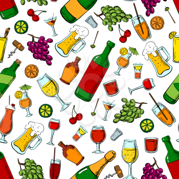 Drinks, alcohol and fruit seamless pattern with wine and beer bottles, cocktails and champagne, whiskey, lemonade and milk shakes among grape bunches and cherries, olives and oranges, limes fruits and