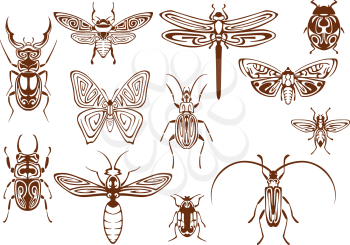 Brown tribal butterfly, bee, moth, dragonfly, wasp, ladybug, scarab and stag beetles, bumblebee, firefly and shield bugs. Decorative insects, adorned by ethnic ornaments for tattoo, embellishment or m