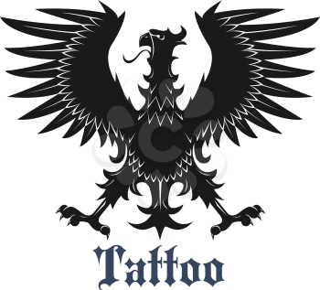 Heraldic eagle symbol for tattoo or coat of arms design usage with black bird in classic position with outstretched wings and legs, adorned by curved pointed feathers