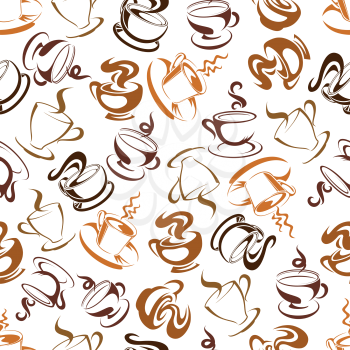 Retro seamless coffee drinks background in brown colors for coffee shop or kitchen interior design usage with sketchy pattern of cups, filled with fresh hot espresso, cappuccino, latte and mocha bever
