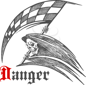 Deathful race sketch icon of furious skeleton or grim reaper with stylized checkered racing flag. Use as racing club, motorsport competition symbol or tattoo design