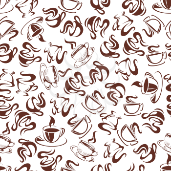 Breakfast coffee seamless pattern with brown cups of fresh brewed coffee, hot chocolate and creamy cappuccino, randomly scattered over white background. Coffee shop, morning menu decoration of kitchen