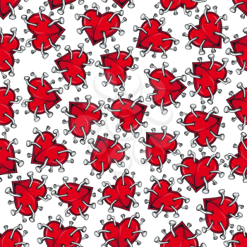 Cartoon seamless pattern of broken hearts for unhappy love, healthcare and scrapbook page backdrop design with bright red heart pierced by iron nails with curved heads on white background