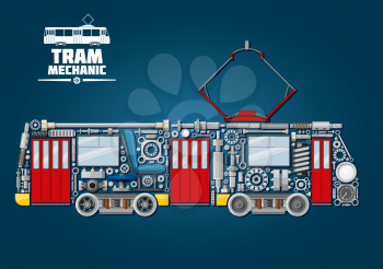 Town tram mechanics icon for public transportation service design usage with tramcar made up of mechanical gears, doors and windows, pantograph and motor bogies, steel wheels and absorbers, axles and 