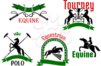 Jumping and rearing up horses, dressage whips, mallets and trophy cups icons, framed by ribbon banners, stars and crown. Use as equestrian sport tournament, polo game or equine club symbol design