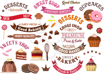 Delicious chocolate pastries and desserts retro icons for confectionery and sweet shop design with tiered cakes and pudding, cupcakes and donuts, cookies, candies and lollipops, ribbon banners and sta