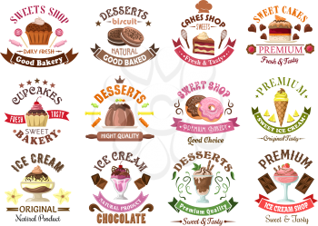 Chocolate cakes and cupcakes, donuts, cookies and pudding, ice cream sundae and soft serve cones symbols for bakery and pastry shop design usage, encircled by ribbon banners and fruits, candies and va