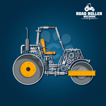 Road roller mechanics symbol for transportation design usage with smooth wheel tandem roller composed of heavy steel drums and exhaust stack, gear wheels and pressure hose, seat and axle, crankshaft a